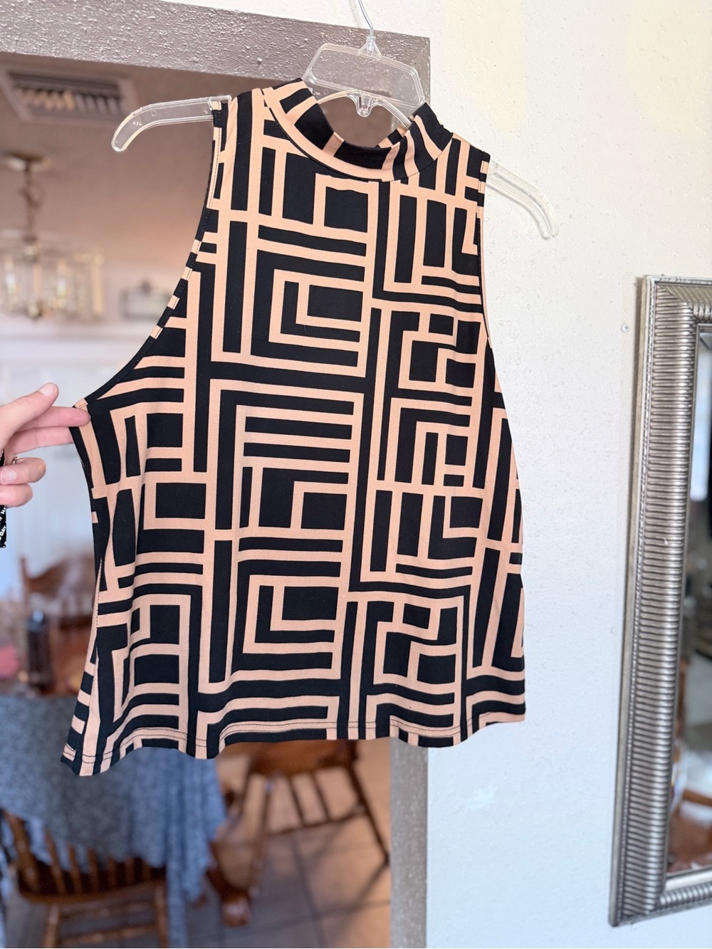 SHEIN Black & Tan Geometric Mock Neck Tank